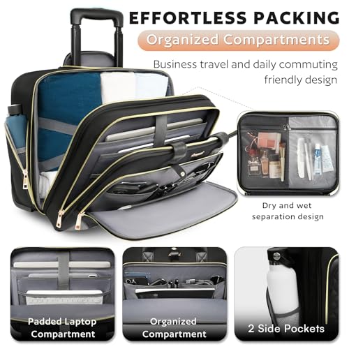 Arcoyard Rolling Laptop Bag Women, Rolling Briefcase for Women with Waterproof Pocket, 17.3 Inch Computer Bag, Underseat Carry On Luggage with Wheels for Work Travel Business, Lightweight Black - Image 3