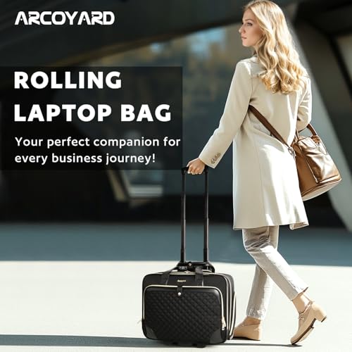 Arcoyard Rolling Laptop Bag Women, Rolling Briefcase for Women with Waterproof Pocket, 17.3 Inch Computer Bag, Underseat Carry On Luggage with Wheels for Work Travel Business, Lightweight Black - Image 2