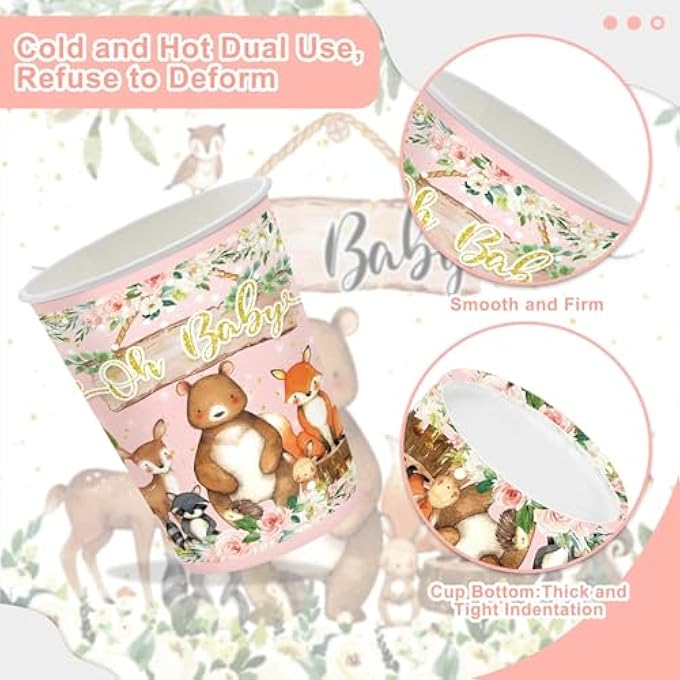 AM ANNA 120PCS Woodland Party Supplies for Girls Baby Shower Pink Wild Animal Decorations Plates Napkin Cups Forks Knives Disposable Tableware Set for 20 Guests - Image 4