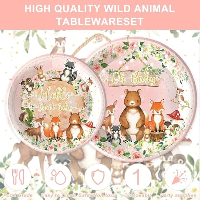 AM ANNA 120PCS Woodland Party Supplies for Girls Baby Shower Pink Wild Animal Decorations Plates Napkin Cups Forks Knives Disposable Tableware Set for 20 Guests - Image 3