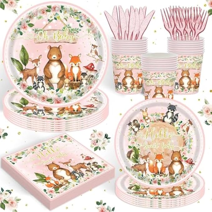 AM ANNA 120PCS Woodland Party Supplies for Girls Baby Shower Pink Wild Animal Decorations Plates Napkin Cups Forks Knives Disposable Tableware Set for 20 Guests - Image 1