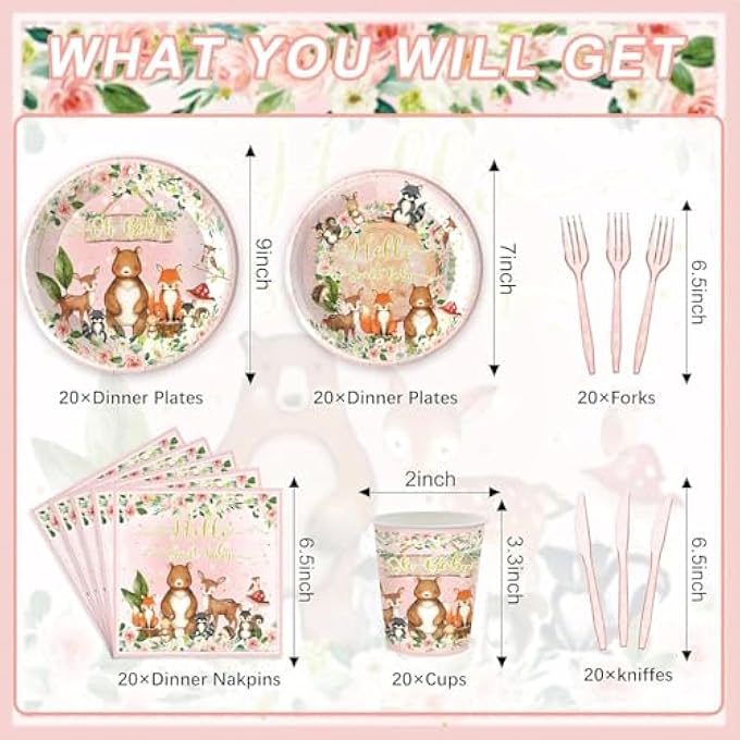 AM ANNA 120PCS Woodland Party Supplies for Girls Baby Shower Pink Wild Animal Decorations Plates Napkin Cups Forks Knives Disposable Tableware Set for 20 Guests - Image 2