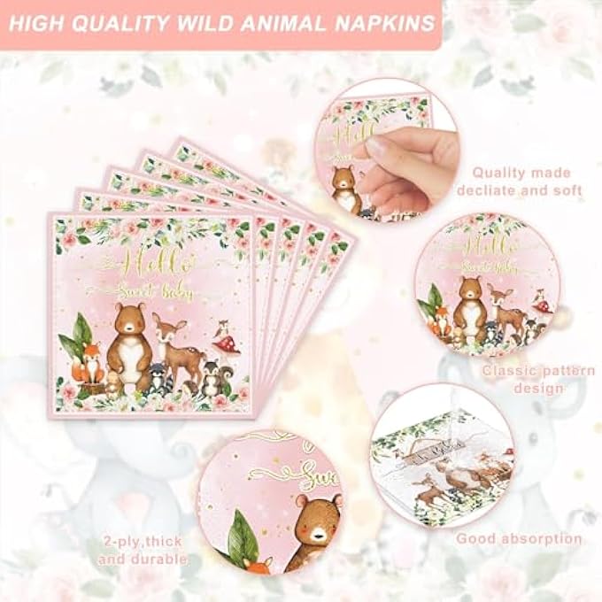 AM ANNA 120PCS Woodland Party Supplies for Girls Baby Shower Pink Wild Animal Decorations Plates Napkin Cups Forks Knives Disposable Tableware Set for 20 Guests - Image 5