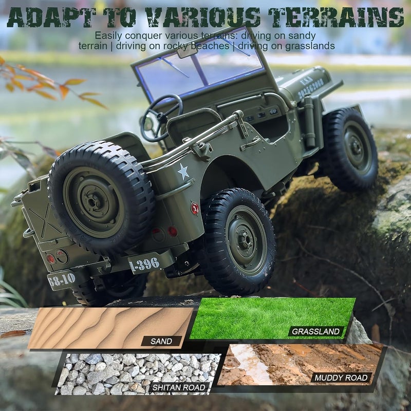 HOBB 1:10 All Terrain RC Classic Willys Military Car Crawler | 4WD Remote Control Vehicle with Metal Frame, LED Lights, Off-Road Tires and Foldable Windshield | y Grade Car for Enthusiasts - Image 5