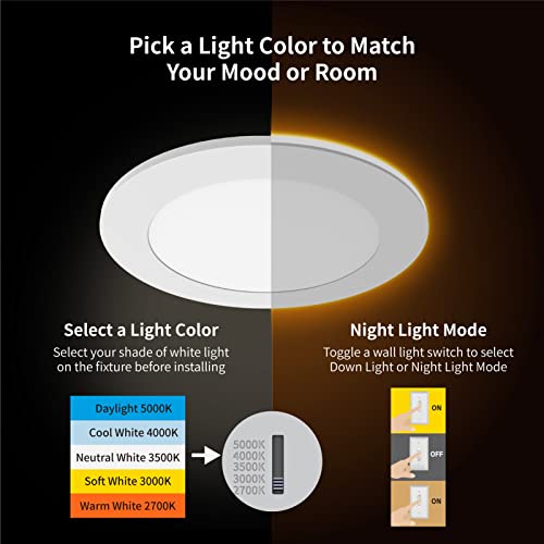 Meconard 12 Pack 6 Inch 5CCT LED Canless Recessed Lighting with Night Light, 2700K/3000K/3500K/4000K/5000K Selectable Ultra-Thin LED Ceiling Lights, 12W=110W, 1050LM, Dimmable Wafer Downlight ETL&FCC - Image 2