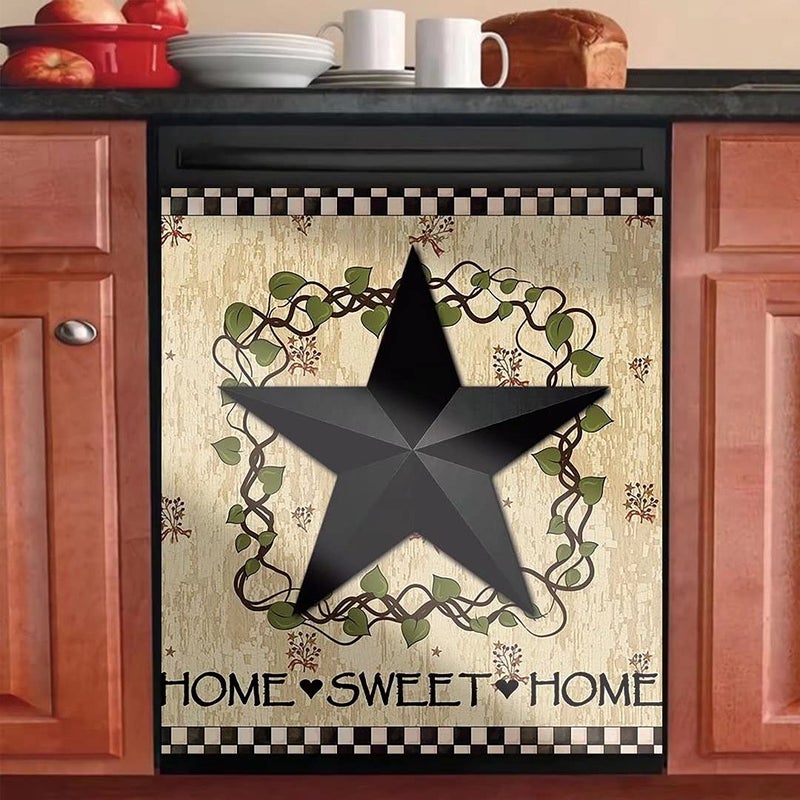 Black Prim Barn Star and Wreath Dishwasher Cover Decorative Magnet Dishwasher Covers for The Front Dishwasher Door Magnet Cover Sticker for Dishwasher Magnetic Dishwasher Cover Panel Decals Kitchen