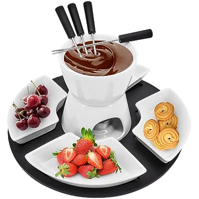 rayihni Ceramic Chocolate Fondue Pot SetCheese Fondue SetsWith 4 Forks And 4 DishesCeramic Butter Warmer SetNon Electric Fondue Set Heated With A TealightFor Cheese Caramel White - Image 2