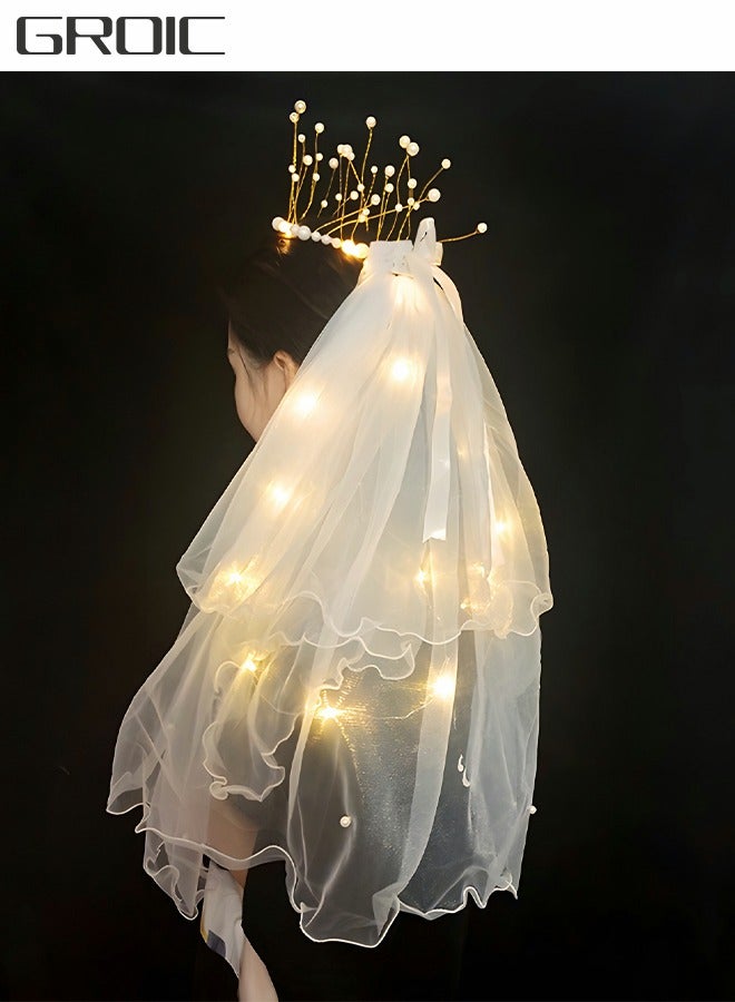 GROIC حجاب الزفاف، حجاب فتاة مع تاج لؤلؤي مع أضواء، حجاب مزدوج مهدب متوهج، مستلزمات حفلات العزوبية، دعائم التقاط الصور - Image 1