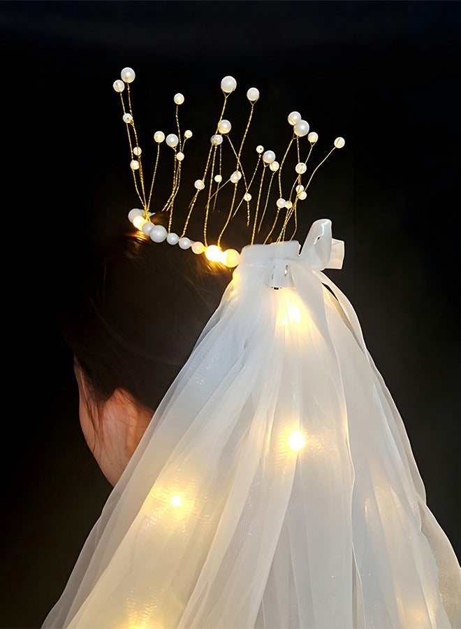 GROIC حجاب الزفاف، حجاب فتاة مع تاج لؤلؤي مع أضواء، حجاب مزدوج مهدب متوهج، مستلزمات حفلات العزوبية، دعائم التقاط الصور - Image 3