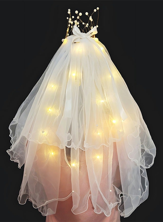 GROIC حجاب الزفاف، حجاب فتاة مع تاج لؤلؤي مع أضواء، حجاب مزدوج مهدب متوهج، مستلزمات حفلات العزوبية، دعائم التقاط الصور - Image 2