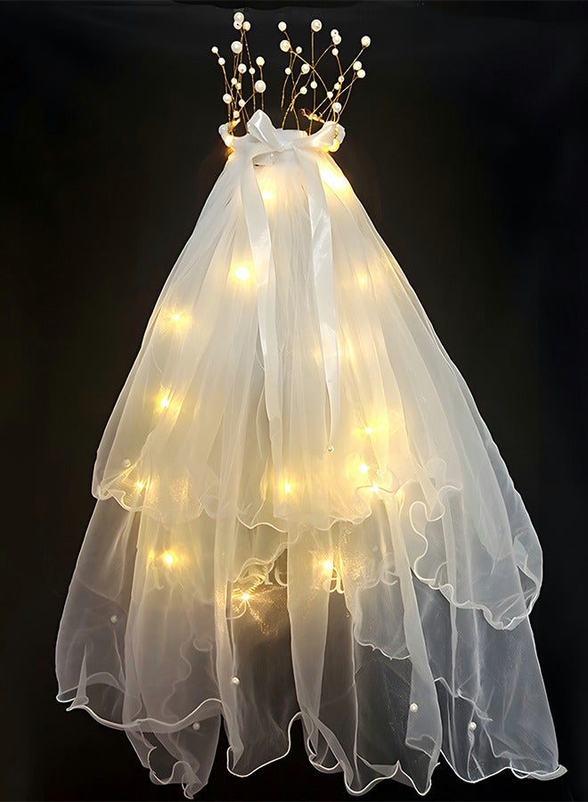 GROIC حجاب الزفاف، حجاب فتاة مع تاج لؤلؤي مع أضواء، حجاب مزدوج مهدب متوهج، مستلزمات حفلات العزوبية، دعائم التقاط الصور - Image 4