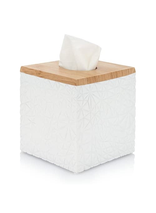 Essentra Home Essentra Home Square Tissue Box Cover  Matte White with Wood Print Top  Modern Cube Tissue Box Holder 