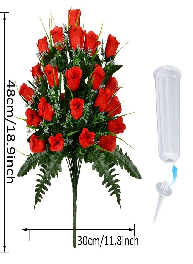 XONOR Artificial Cemetery Flowers, Grave Decorations Roses, Memorial Flowers Bouquet with Cemetery Vase, 2 Sets (Red) - Image 2