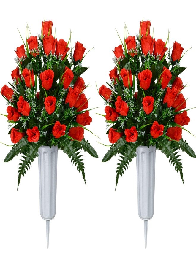 XONOR Artificial Cemetery Flowers, Grave Decorations Roses, Memorial Flowers Bouquet with Cemetery Vase, 2 Sets (Red) - Image 1