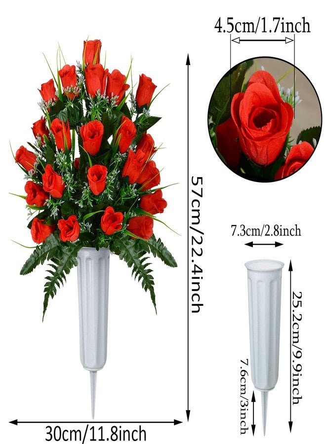 XONOR Artificial Cemetery Flowers, Grave Decorations Roses, Memorial Flowers Bouquet with Cemetery Vase, 2 Sets (Red) - Image 3