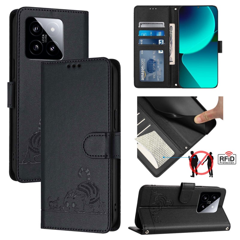 HuHa Case Cover For Xiaomi 14 5G Cat Rat Embossed Pattern RFID Leather Phone Case with Lanyard(Black) - Image 1