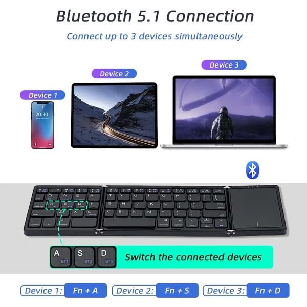 atdaraz Foldable Keyboard B089T with Touchpad, BT 5.1, 64 Keys, Portable, Magnetic Closure, Type C Charging, Compatible with iOS, Win, ABS Material (Black) - Image 4