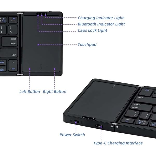 atdaraz Foldable Keyboard B089T with Touchpad, BT 5.1, 64 Keys, Portable, Magnetic Closure, Type C Charging, Compatible with iOS, Win, ABS Material (Black) - Image 3