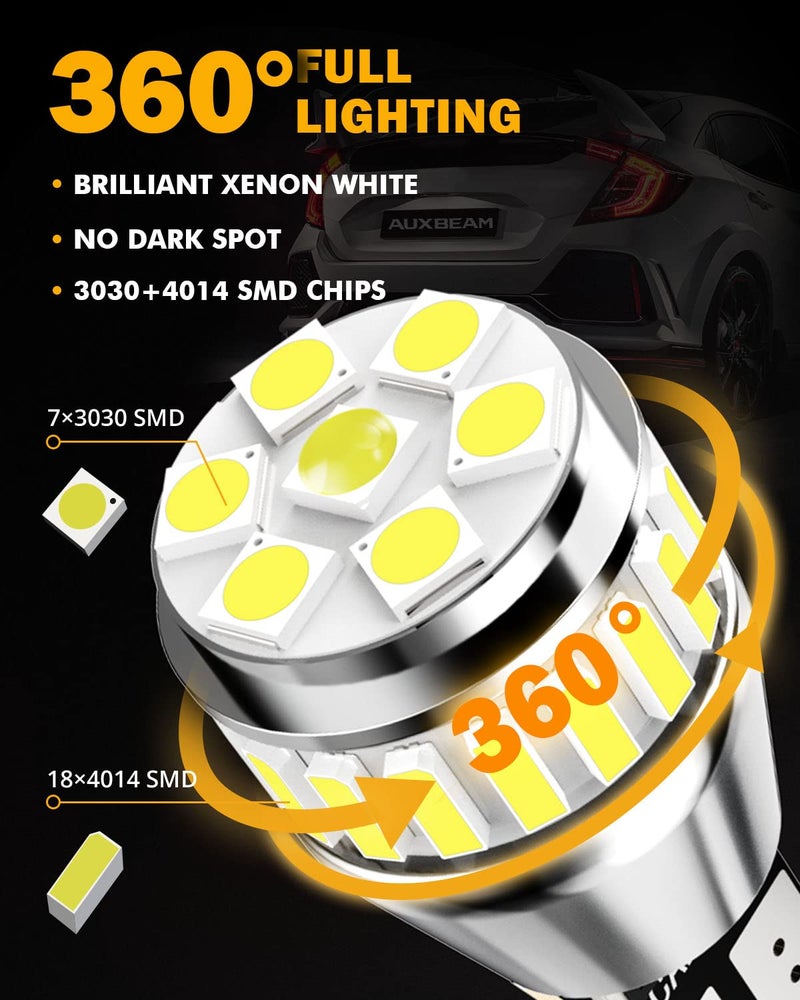 Auxbeam 912 921 LED Bulb for Backup Reverse Light Bulbs, 4000 Lumens 400% Brighter Super Bright Canbus Error Free 906 904 922 W16W T15 LED Bulbs with Double Projectors, 6500K White, Pack of 2 - Image 2