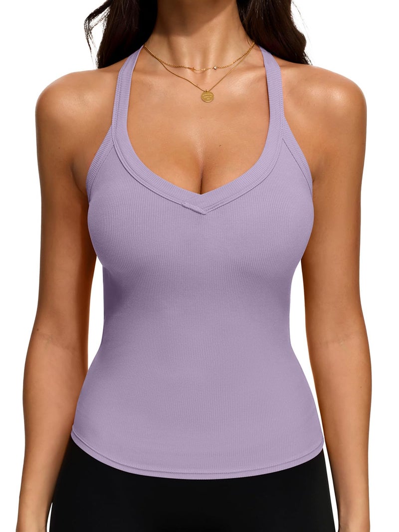 REORIA Workout Tank Tops for Women V Neck Racerback Summer Sleeveless Ribbed Gym Going Out Crop Trendy Cami Top Lavender Purple Medium - Image 1