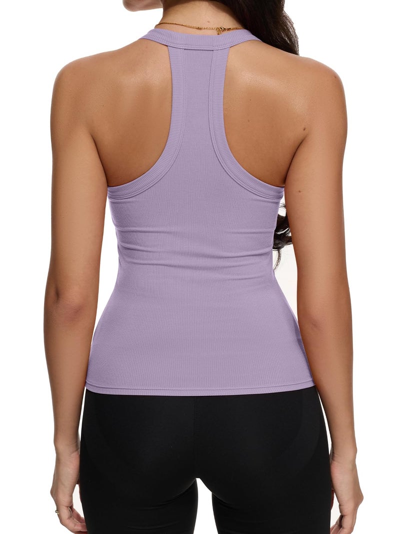 REORIA Workout Tank Tops for Women V Neck Racerback Summer Sleeveless Ribbed Gym Going Out Crop Trendy Cami Top Lavender Purple Medium - Image 3