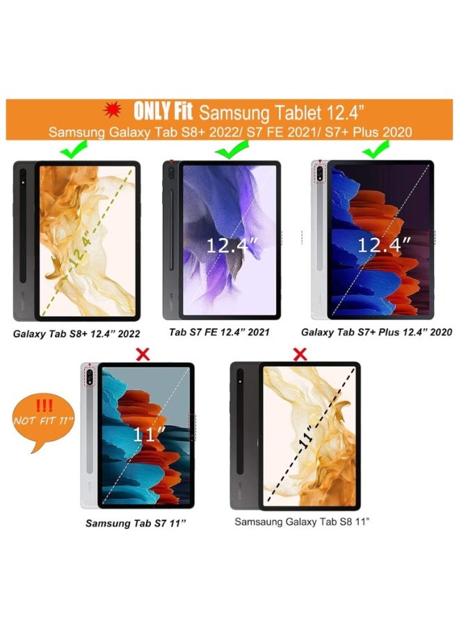 For Samsung Galaxy Tab S7 FE / S7 Plus /S8+ 12.4 inch Case with Keyboard - Smart Detachable Wireless Touchpad Tablet Keyboard Cover - Tab S7 FE 2021/ S7+ 2020/S8+ Keyboard Case with S Pen Holder Black