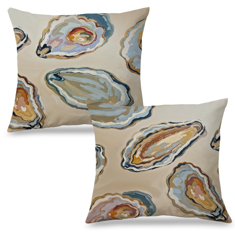 Exqcom Abstract Oyster Coastal Beach Pillow Covers 18x18 Set of 2, Beachy Room Decor Aesthetic, Retro Coastal Ocean Oyster Shell Decorative Lumbar Pillow Covers for Home Bedroom Living Room - Image 1
