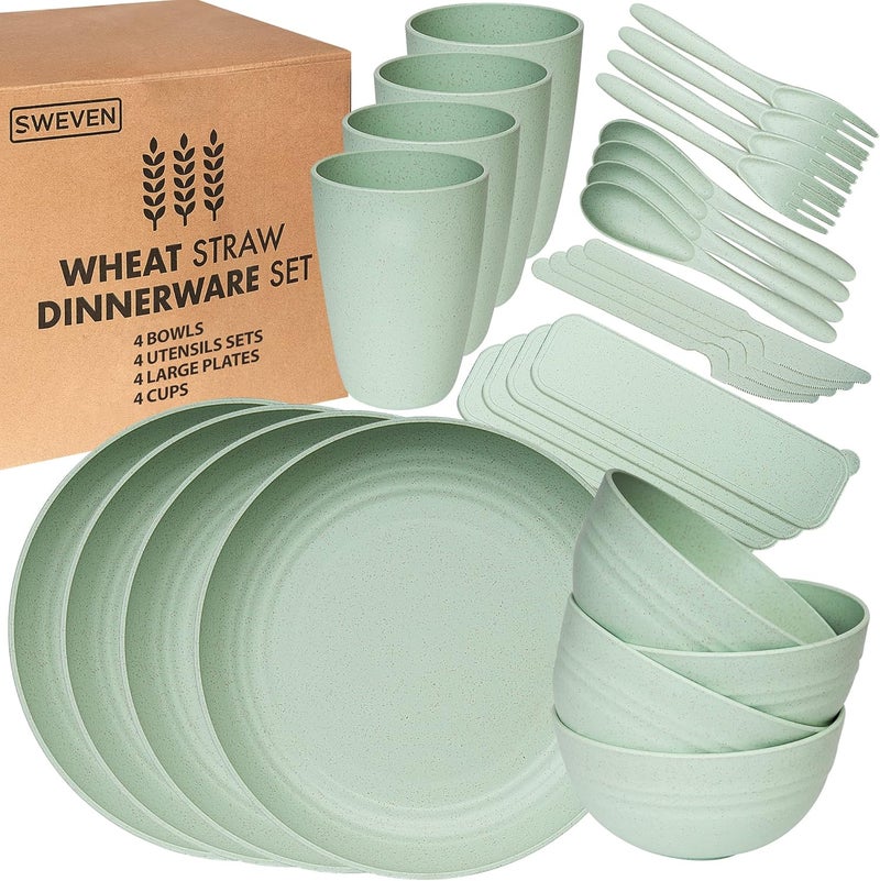SWEVEN Wheat Straw Dinnerware Sets (28 pcs) | Unbreakable Dinnerware Sets | Dishwasher Microwave Safe Dinnerware | Eco Friendly Non Breakable Dinnerware Sets | Plates, Bowls, Cups, Cutlery | Dish Set for 4 - Image 1