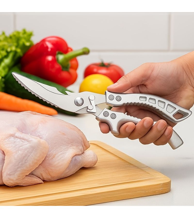 Noble Silvery Multifunctional Kitchen Scissors Ergonomic Handle Ambidextrous For Cutting Chicken Fish Meats - Image 5