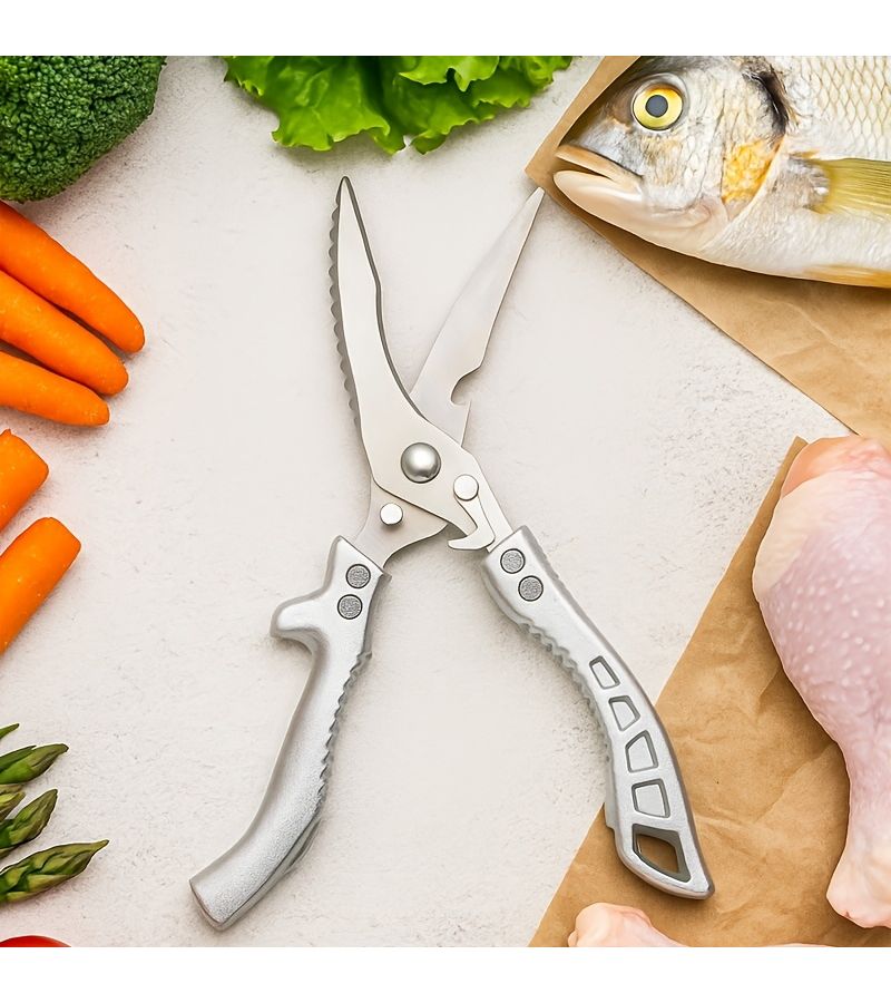 Noble Silvery Multifunctional Kitchen Scissors Ergonomic Handle Ambidextrous For Cutting Chicken Fish Meats - Image 3