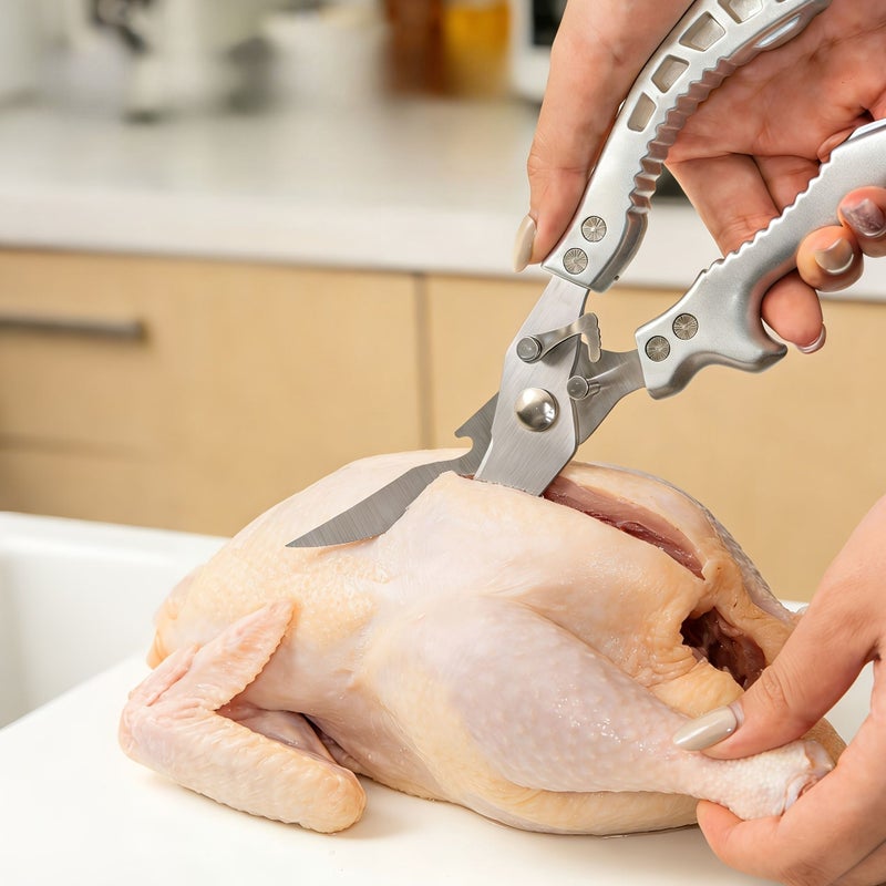 Noble Silvery Multifunctional Kitchen Scissors Ergonomic Handle Ambidextrous For Cutting Chicken Fish Meats - Image 1