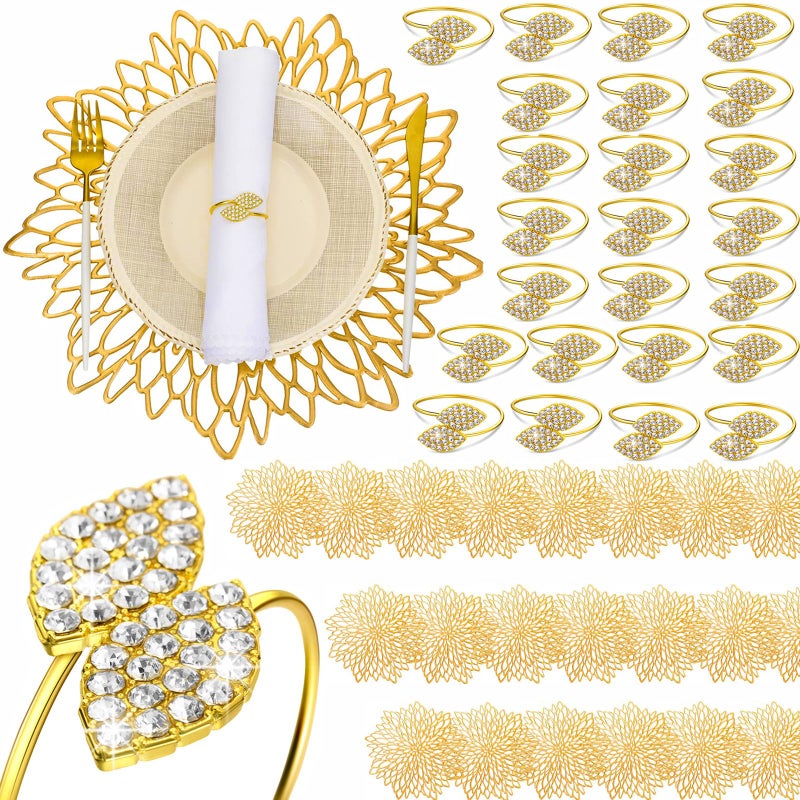 Suttmin 100 Pcs Dinner Placemats and Napkin Rings Bulk with Leaves Napkin Rings and Metallic Round Place Mats Sequin Placemats for Wedding Kitchen Leaf Dining Table Decoration