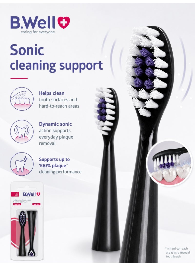 B.Well MED-870 Black Replacement Sonic Toothbrush Heads with Medium DuPont Bristles, 2 Pieces - Image 5
