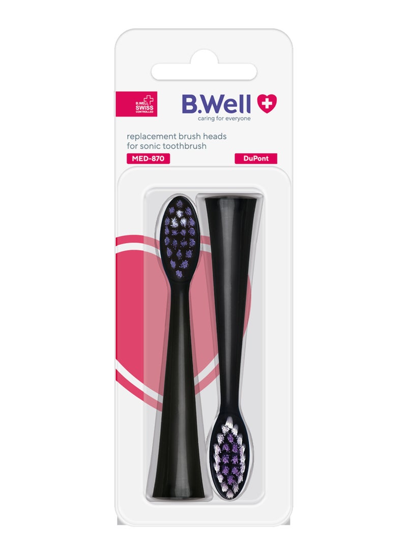 B.Well MED-870 Black Replacement Sonic Toothbrush Heads with Medium DuPont Bristles, 2 Pieces - Image 2