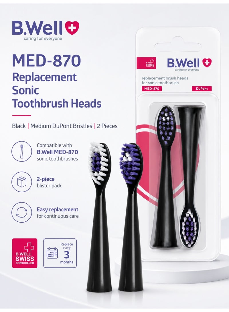 B.Well MED-870 Black Replacement Sonic Toothbrush Heads with Medium DuPont Bristles, 2 Pieces - Image 3