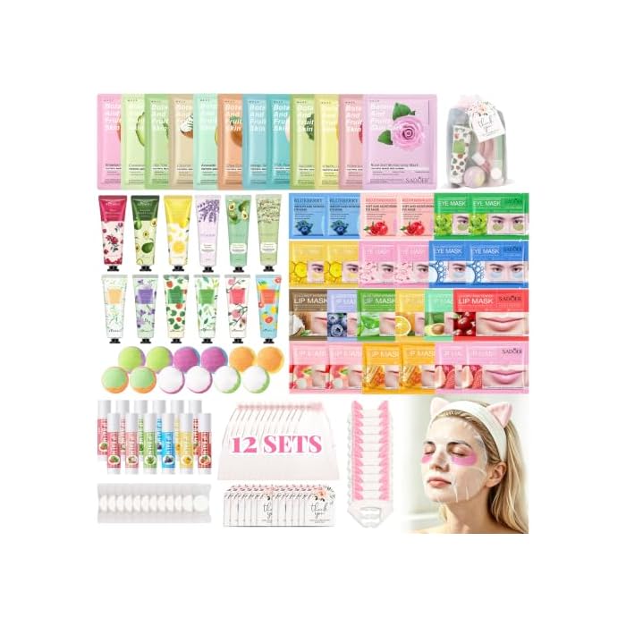120 PCS Spa Party Supplies for Girls, Sleepover Party Supplies for Girls, Skincare Set, Include Face & Lip Masks, Foot Bath Bombs, Hand Cream, Lip Balm, Under Eye Patches, Spa Party Favors
