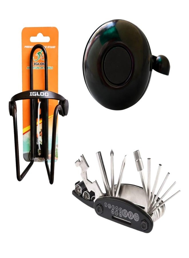 FCCRACING Bicycle Accessories Combo - Water Bottle Holder, Ultra Loud Cycle Bell & 15 in 1 Multi Tool Kit | Durable Cycle Bottle Cage, Bike Horn Bell & Repair Tool Set for MTB, Road & City Bikes Combo - Image 1