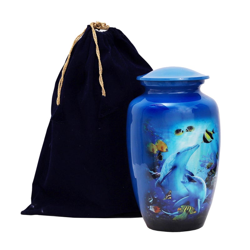 HLC URNS Dolphin Ocean Blue Cremation Urn for Human Ashes Adult Funeral Urn Handcrafted Affordable Urn for Ashes Adult 200 lbs 105 x 6 Cremation Urn