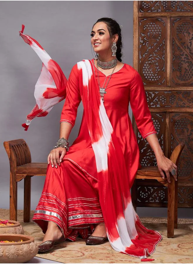 SASSAFRAS Lace Trim A-Line Kurti and Flared Pant with Dupatta Set