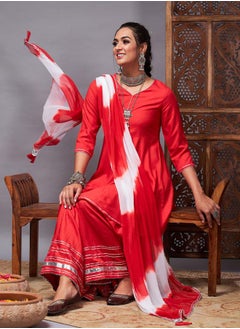 SASSAFRAS Lace Trim A-Line Kurti and Flared Pant with Dupatta Set  - Image 1