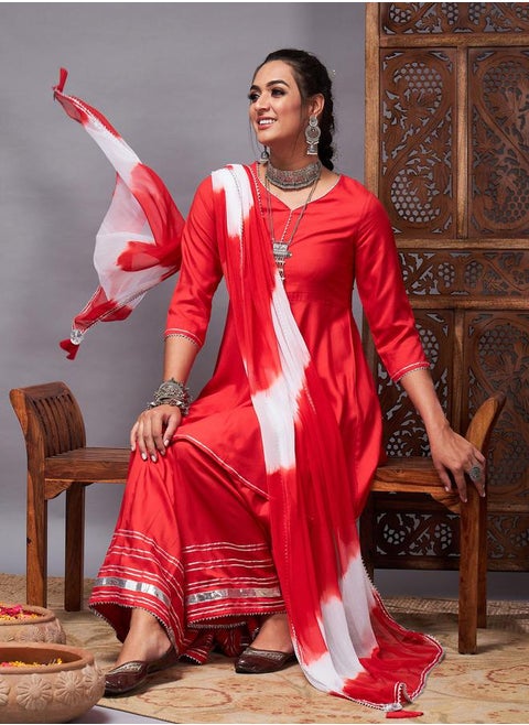 Lace Trim A-Line Kurti and Flared Pant with Dupatta Set by Styli