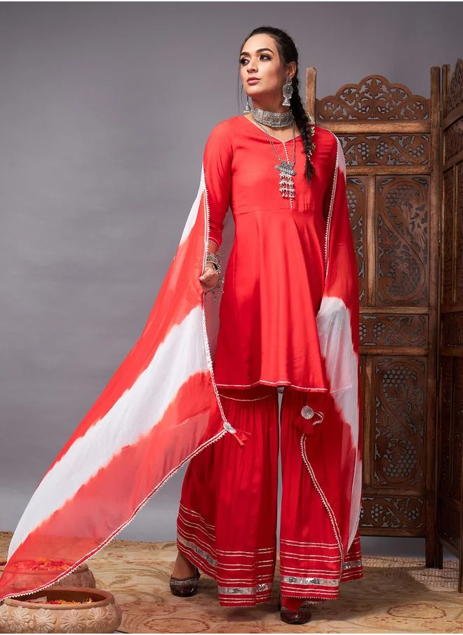 SASSAFRAS Lace Trim A-Line Kurti and Flared Pant with Dupatta Set