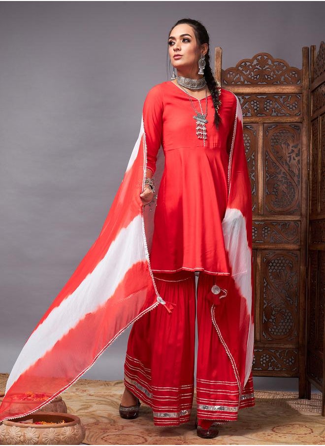 SASSAFRAS - Lace Trim A-Line Kurti and Flared Pant with Dupatta Set by Styli - Image 1