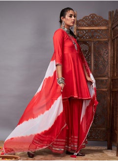 SASSAFRAS Lace Trim A-Line Kurti and Flared Pant with Dupatta Set  - Image 3