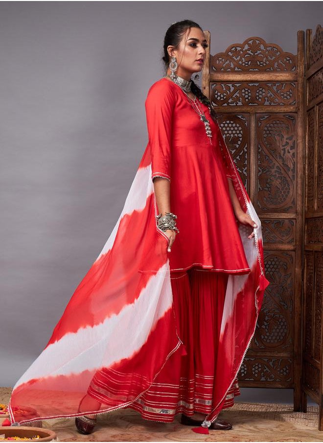 SASSAFRAS - Lace Trim A-Line Kurti and Flared Pant with Dupatta Set by Styli - Image 1