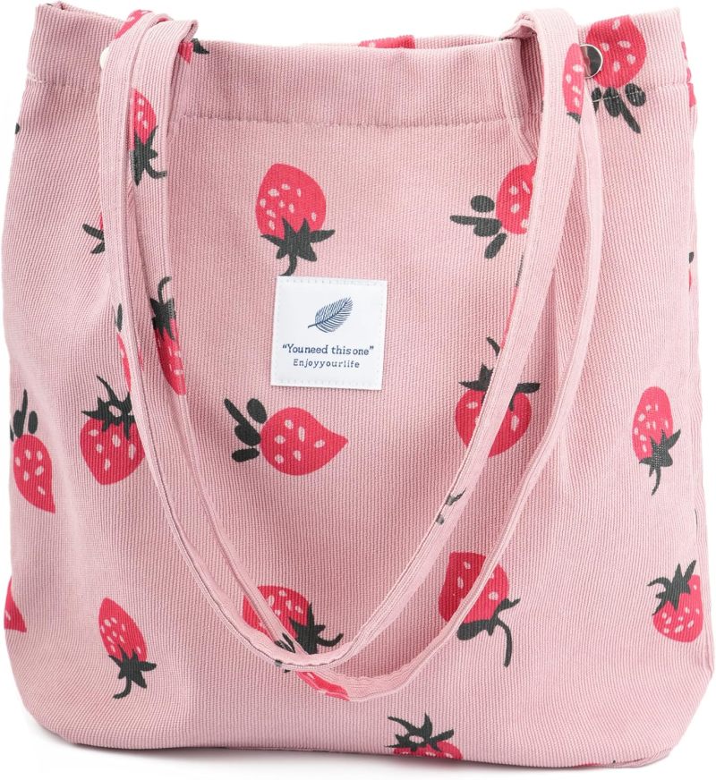 Pink Corduroy Tote Bag: 13.5x12.5x4.5 Inches With 12-Inch Reinforced Straps, Spacious Interior With Dual Inner Pockets - Secure Dual Snap & Magnetic Closure, Soft Sturdy Fabric for Work Beach Travel S - Image 2