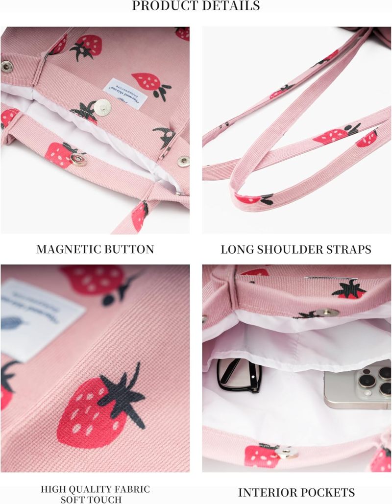 Pink Corduroy Tote Bag: 13.5x12.5x4.5 Inches With 12-Inch Reinforced Straps, Spacious Interior With Dual Inner Pockets - Secure Dual Snap & Magnetic Closure, Soft Sturdy Fabric for Work Beach Travel S - Image 3