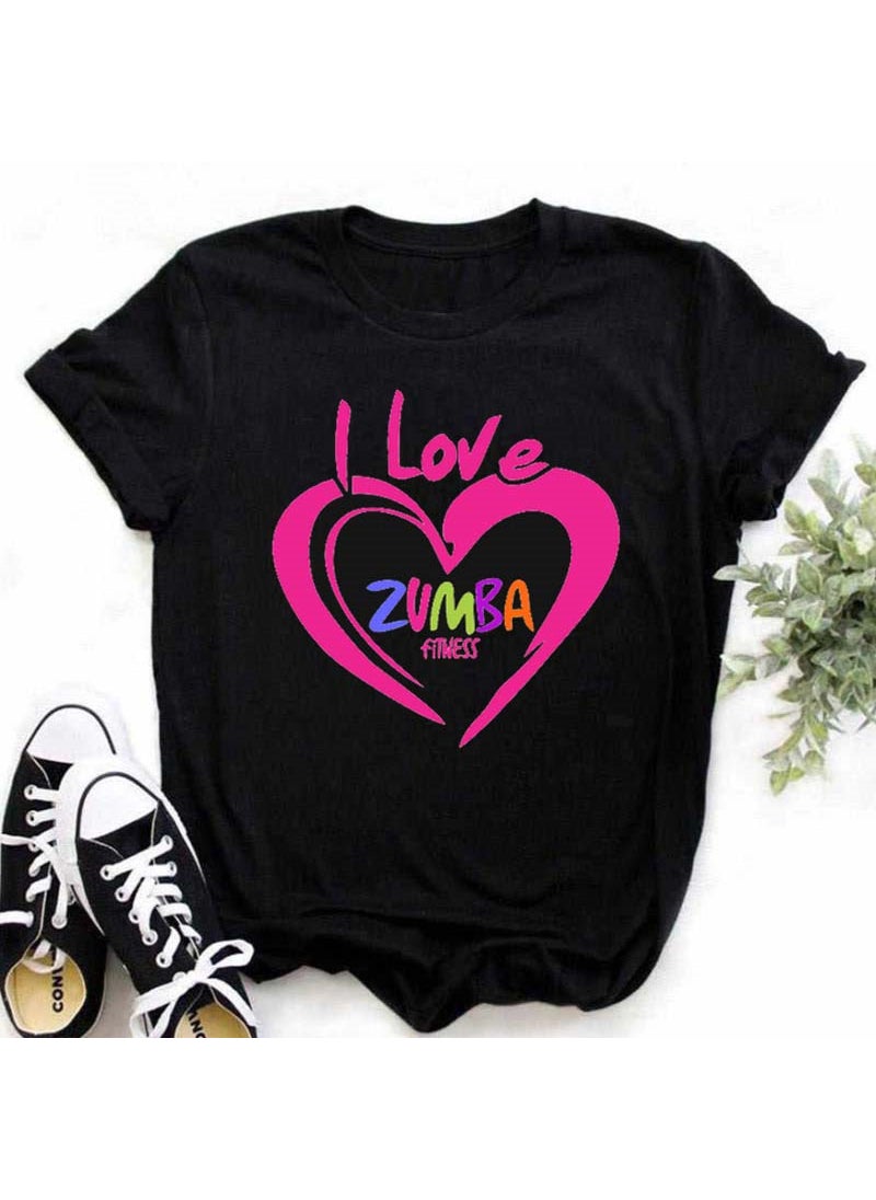 Generic - Zumba Floral Print Short Sleeve T-Shirt Womens Top Fashionable Casual Style round Neck Fit Type Polyester Fiber Modal Fabric 26-Black - Image 1