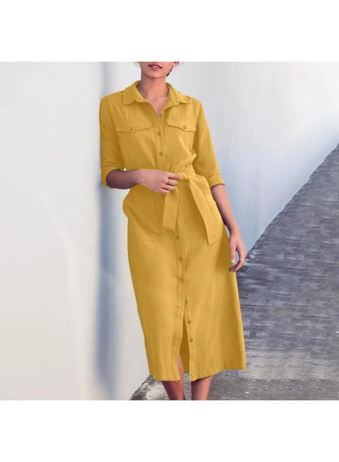 VUELO Summer Women's Mid-length Dress Lapel Double Pocket Casual Loose Retro Vest Robe Shirt - Image 2