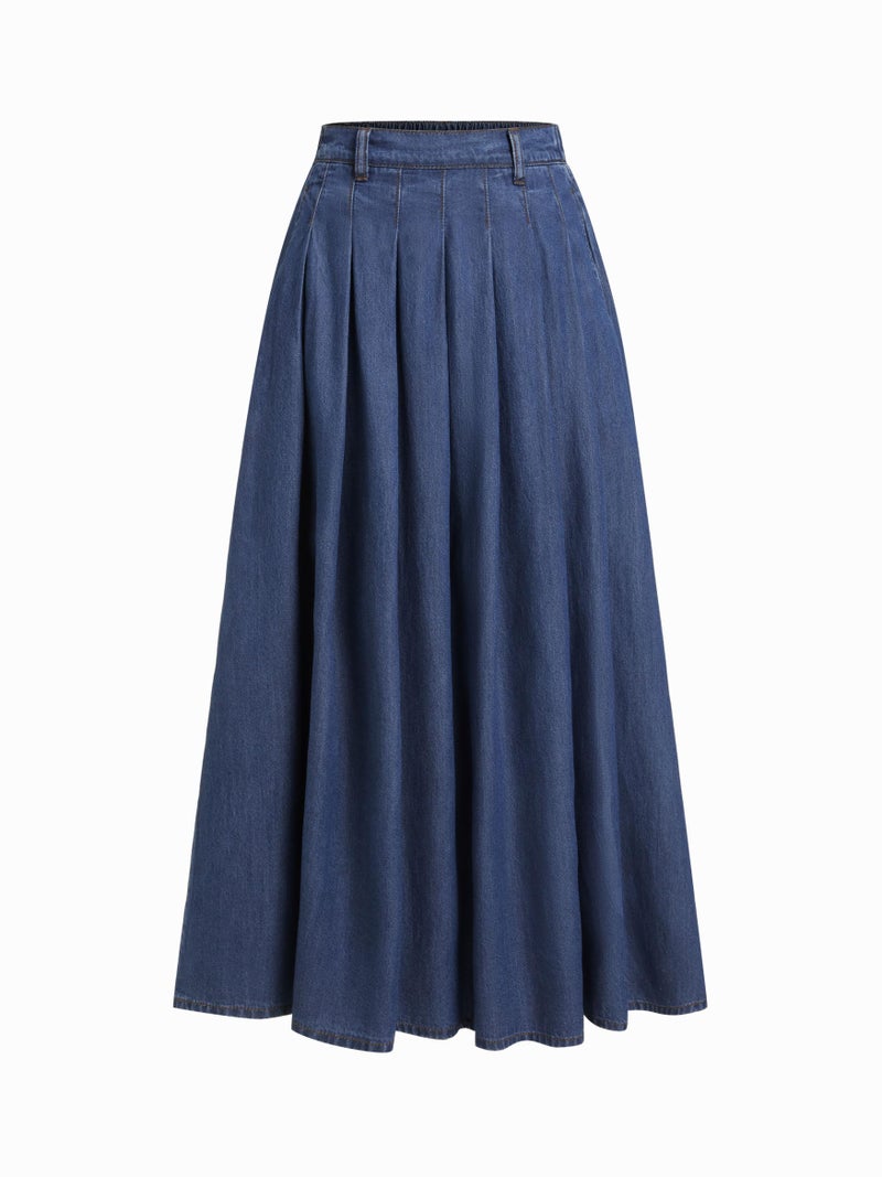 CIDER Womens Jean Skirts Long Denim Pleated A Line High Waisted Skirt Blue, XL - Image 1